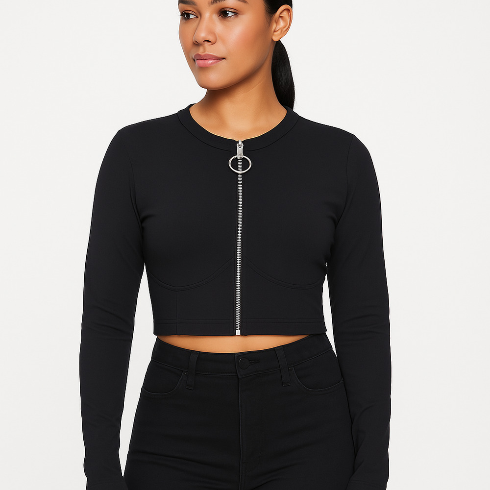 Good American Jacket Womens Large Black Cropped ZipUp Long Sleeves Streetwear - Picture 1 of 7